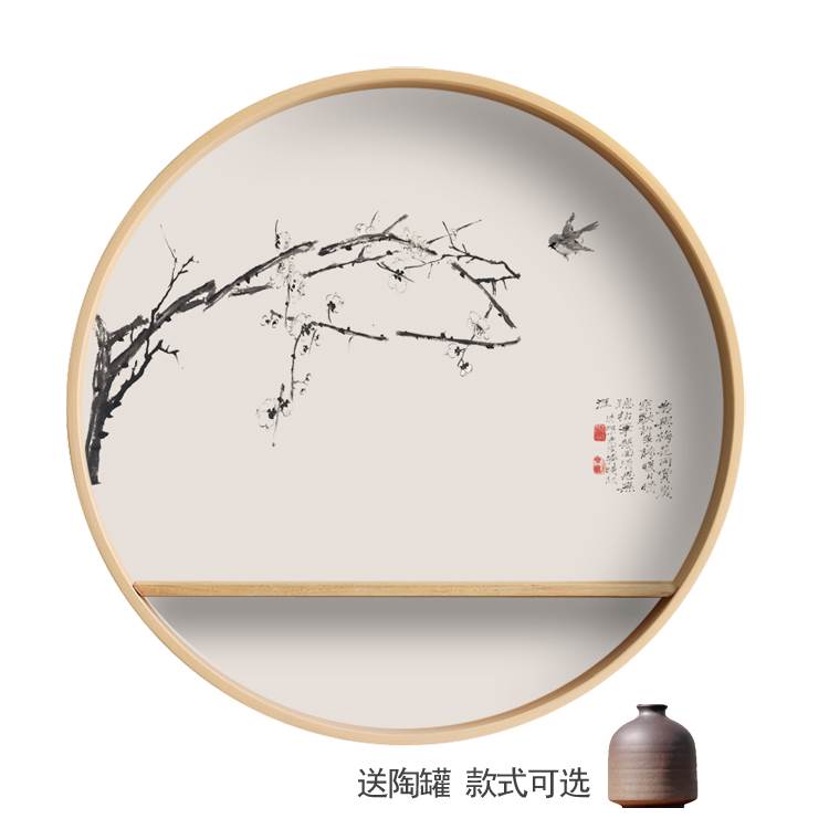 实木圆形禅e意装饰画新中式客厅入户玄关挂画餐厅茶室日式水墨壁图片