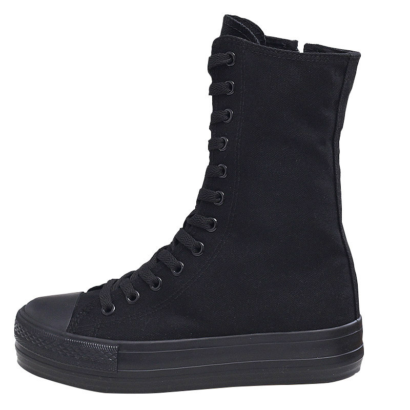 全黑色高帮帆布鞋女内增高侧拉链厚底长筒鞋纯白色百搭简约舞蹈鞋