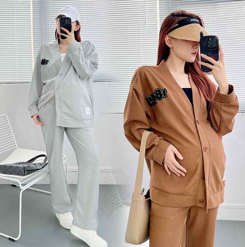 新款孕妇秋装套装外出宽松春秋款长袖开衫上衣+托腹裤子秋冬季两