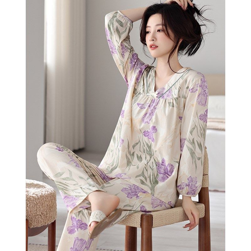春夏睡衣女士长袖2024新款中年妈妈宽松V领春秋季家居服薄款,女士内衣/男士内衣/家居服,睡衣/家居服套装,淘宝优惠券,粉丝福利购,淘宝优惠卷
