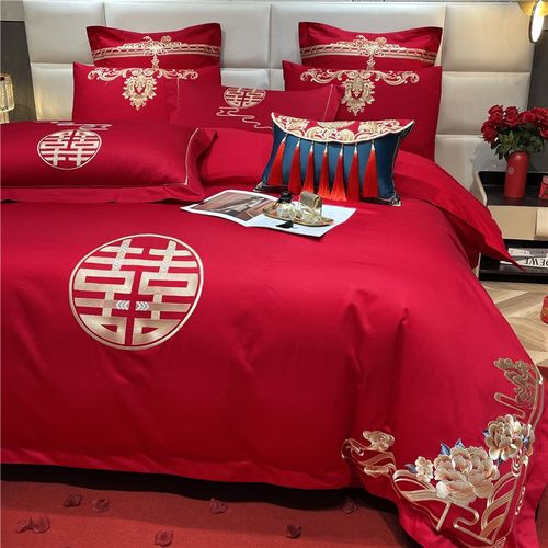 高档中式100支婚庆四件套全棉红色刺绣结婚床上用品婚房喜被纯棉