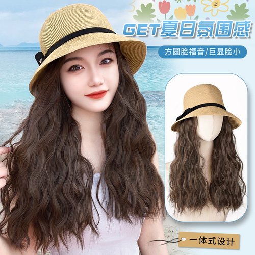 假发帽子一体女全头套长卷发夏天遮阳海边度假编织款渔夫帽子假发