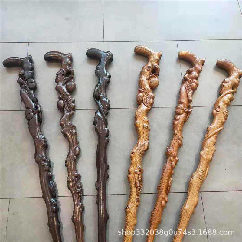 老人实木拐杖非洲鸡翅木黑檀木根雕拐杖雕刻寿桃老人拐杖红木手杖