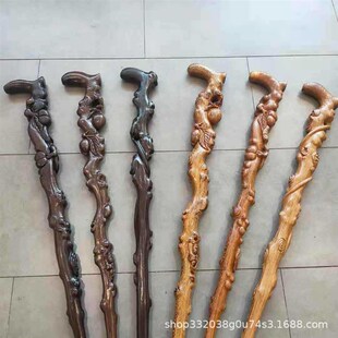 老人实木拐杖非洲鸡翅木黑檀木根雕拐杖雕刻寿桃老人拐杖红木手杖