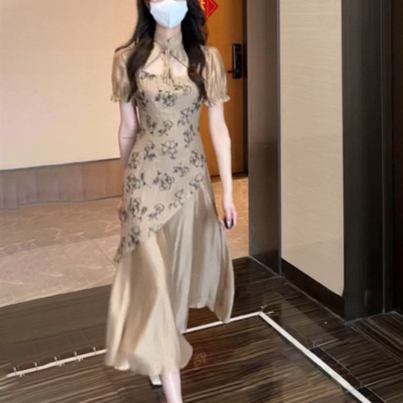 欧洲站夏季新款复古茶歇别致新中式显瘦女神范改良旗袍修身连衣裙