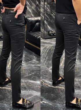 香港黑色竖条纹商务小西裤男夏季薄款牛奶丝小脚休闲裤弹力修身裤