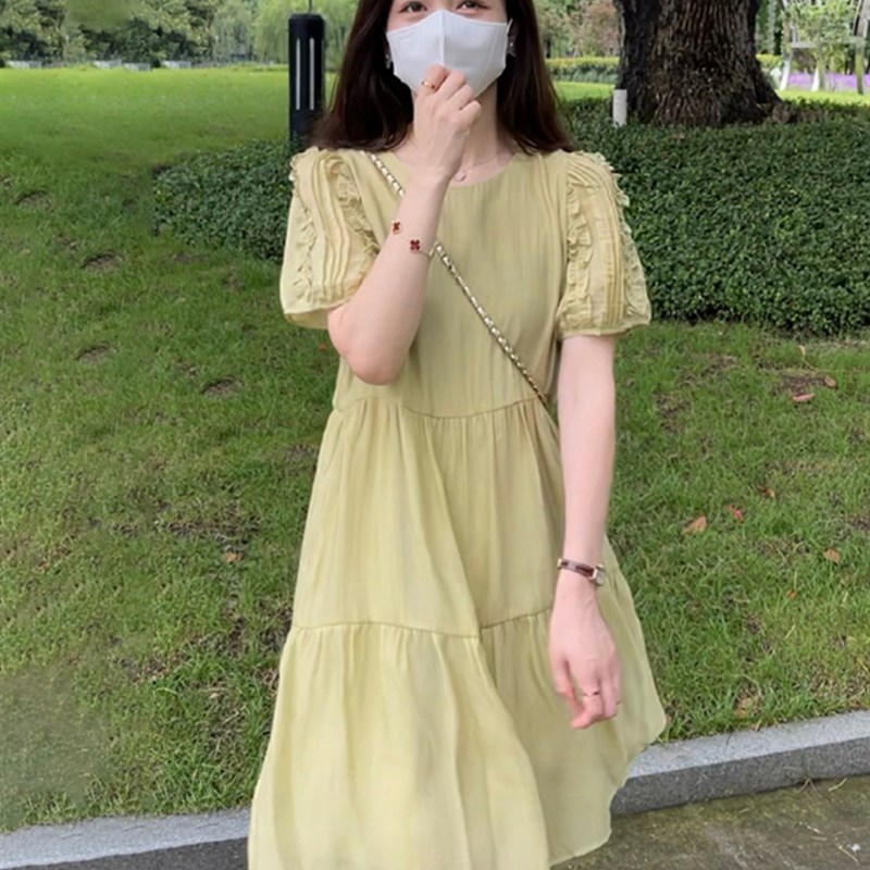 欧洲站夏季2023新款法式茶歇桔梗气质绝美小清新甜美泡泡袖连衣裙