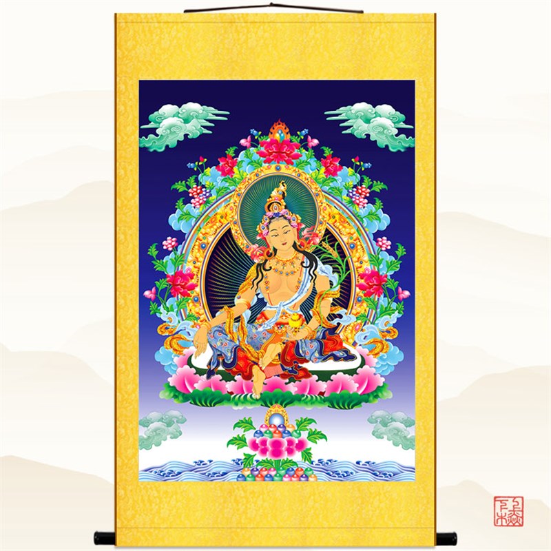 财源佛母唐卡佛像画 复古佛堂菩萨装饰画绢布卷轴挂画来图可定制