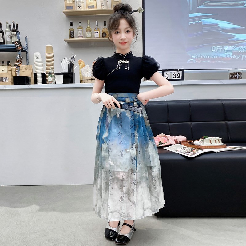 现货高端女d童夏装中国风短袖马面裙套装中大儿童新中式汉服古风图片