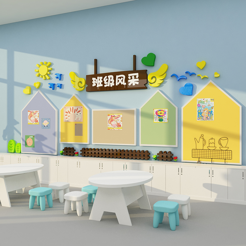 幼儿园楼梯墙面装饰画主题环w创毛毡墙贴成品边框互动走廊过道大