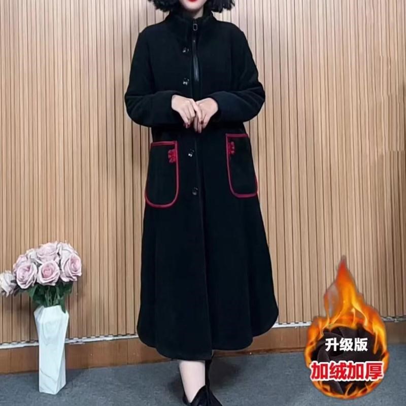 秋冬长款风衣外套时尚气质加绒保暖立领纯色外披百搭新中式长袖女