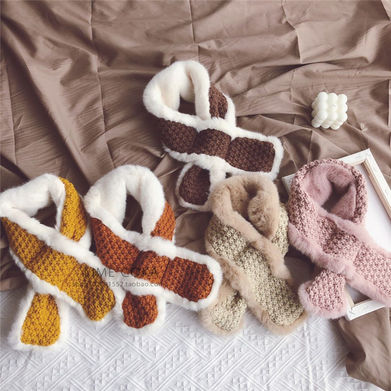 韩国个性针织毛绒拼接儿童交叉围巾F秋冬柔软宝宝拼色套口围脖