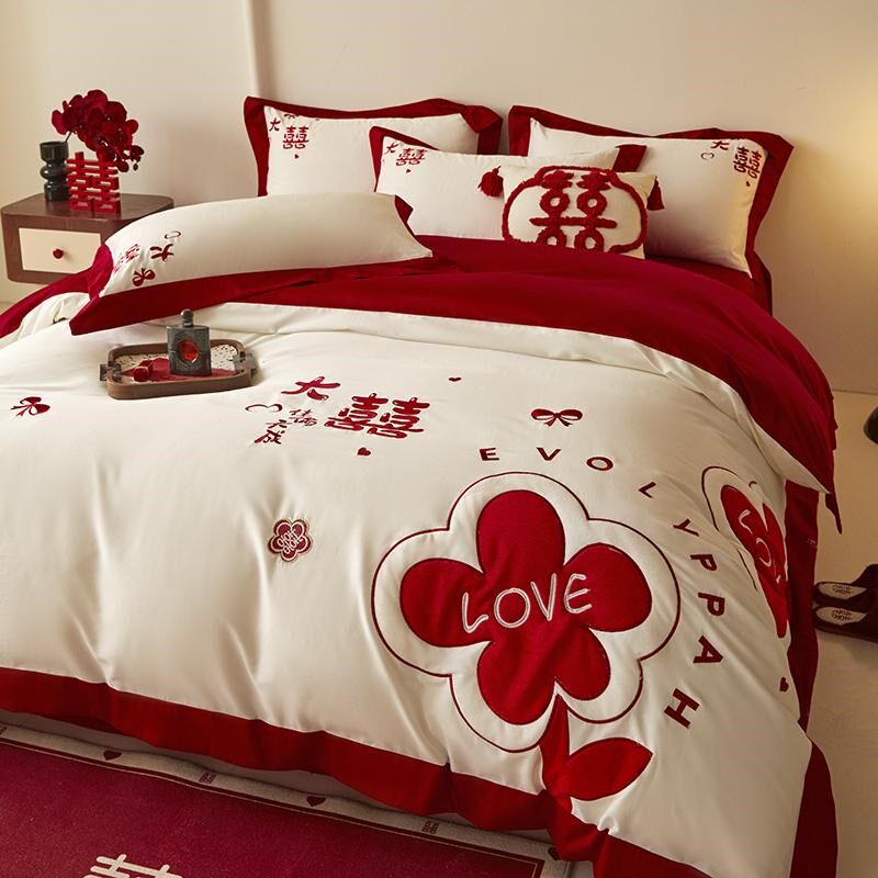 婚庆四件套全棉喜庆花朵贴布绣被套红色I结婚床单新婚嫁娶床上用,床上用品,婚庆床品套件,淘宝优惠券,粉丝福利购,淘宝优惠卷