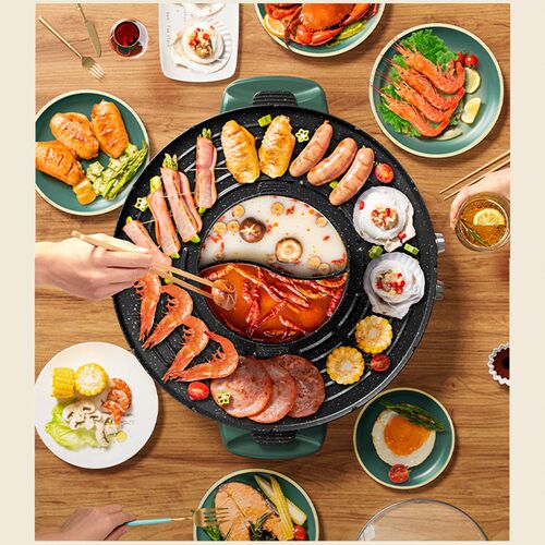 煎烤涮一体锅家用多功能电烤盘火锅鸳鸯锅料理锅烧烤架可拆卸铁板