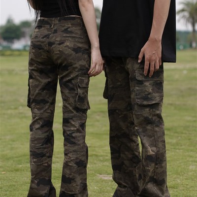 记得加辣  2024户外风复古微喇迷彩工装裤男女新款休闲显高裤子潮