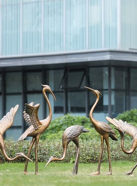 户外花园林景观新中式仿铜仙鹤玻璃钢雕塑小区草坪动物装饰品摆件