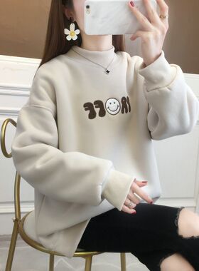 半高领卫衣女秋j冬季韩版宽松加绒加厚小个子保暖银狐绒上衣服外