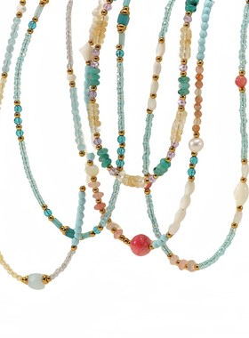 新款蓝色天然石手工串珠钛t钢项链时尚轻奢百搭高级感淡水珍珠吊