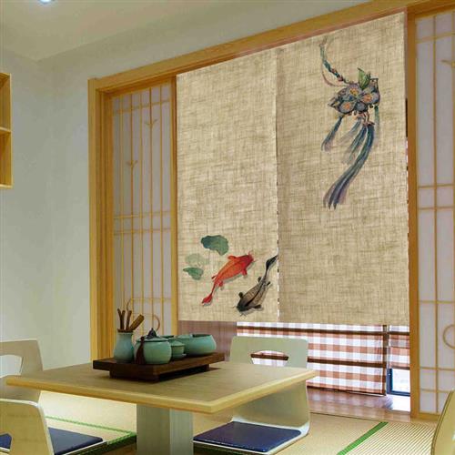 日式半帘布艺门帘客厅隔断帘免打孔榻榻米茶室布帘素色麻布挂帘