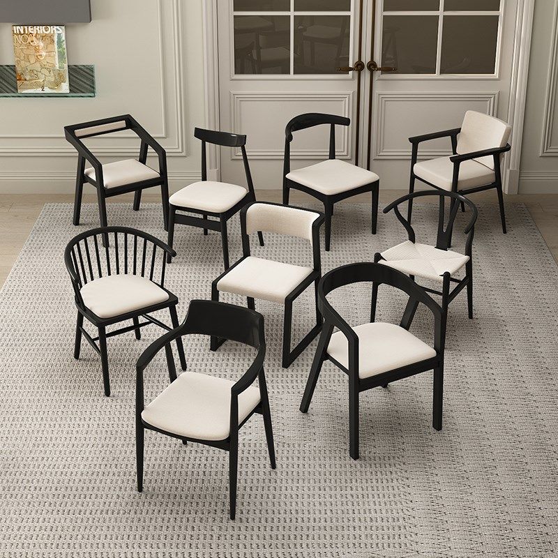 黑色实木餐桌椅简约现代靠背扶手椅家用餐椅软坐垫学生椅藤编椅子