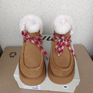超暖冬季新款磨砂牛皮棉靴女短靴 系带真毛平底雪地靴马丁靴35-40