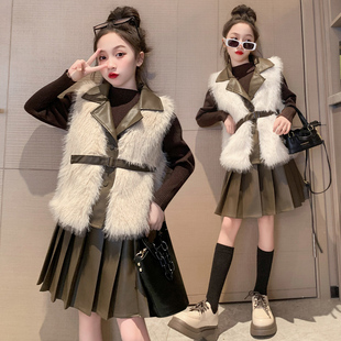 女童裙子套装春秋2023新款高级感儿童早春皮草马甲连衣Z裙女孩春