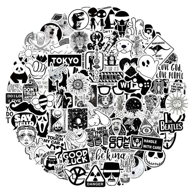 100张装透明黑k白无痕贴纸潮牌行李箱滑板笔记本防水汽车贴装饰贴