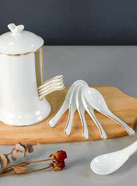 骨瓷勺子10个装描金边汤匙陶瓷小勺汤勺吃饭勺粥勺家用汤匙带勺笼