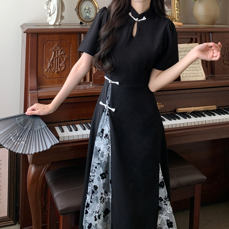 哺乳装夏季复古网l纱刺绣拼接改良旗袍连衣裙大码显瘦遮肚时尚衣