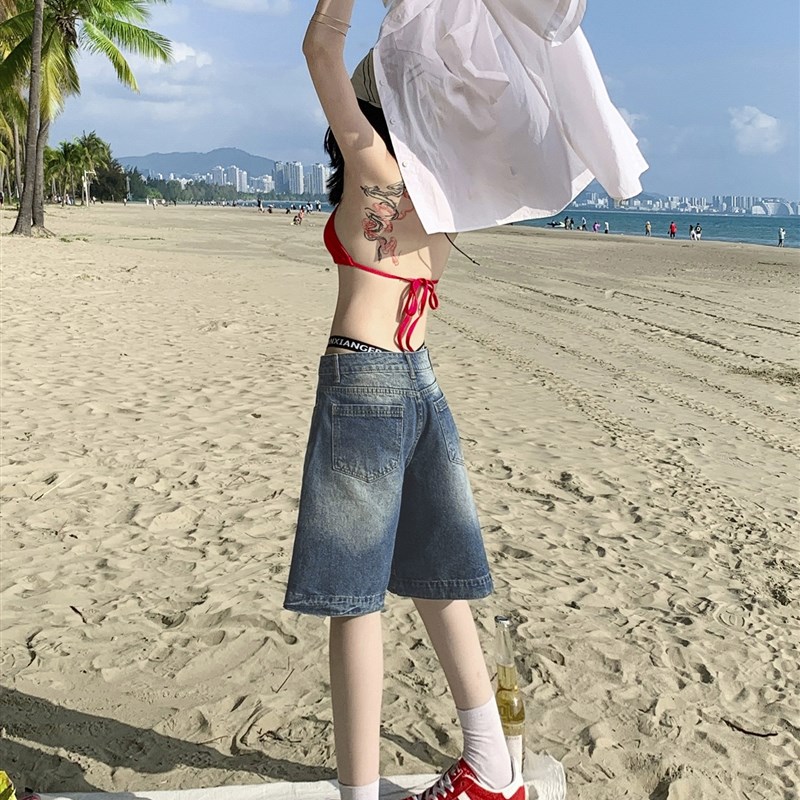 复古低腰牛仔短裤女春夏薄款2024年新款宽松显瘦阔腿直筒五分裤子