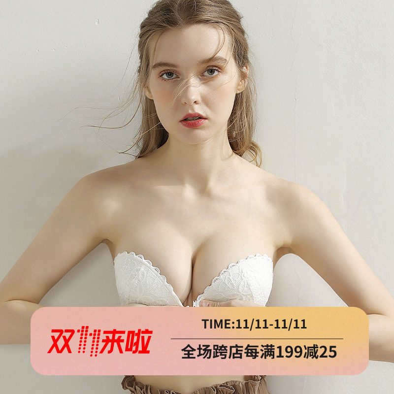 日本防滑无肩带内衣女夏季前扣隐形胸罩小胸显大聚拢加厚美背文胸