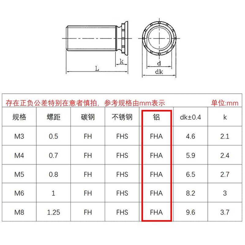 英制公制铝压铆螺钉FHA-M2.5M3M4M5M6压铝板铝压铆螺丝美制铝铆钉
