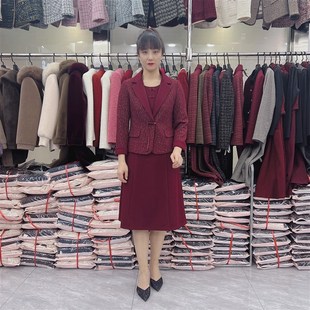 分体长袖 西服外套红色连衣裙两件套2024年春秋收腰气质女神范套裙