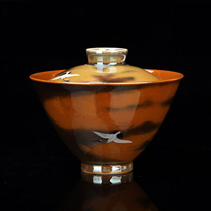 等于堂柴烧盖碗 手绘仿古火烧云金釉仙鹤茶杯 茶碗 功夫茶具 精品