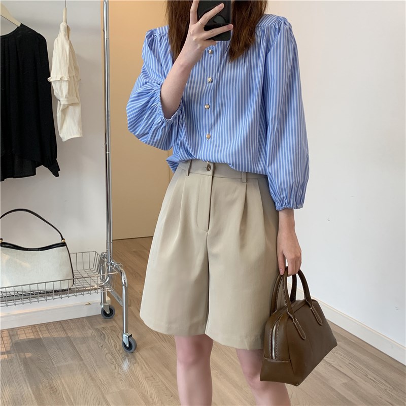 百慕大西装短裤女2023春夏新款宽松高腰休闲薄中裤直筒阔腿五分裤
