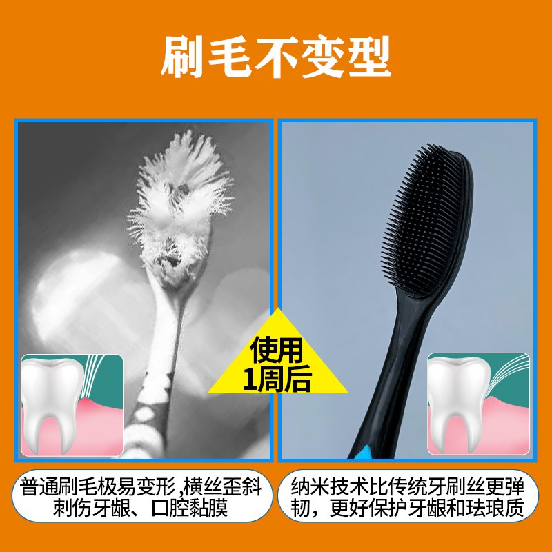 高端硅胶中硬毛竹炭纳米牙刷手动去渍成人清洁按摩牙龈家庭装通用