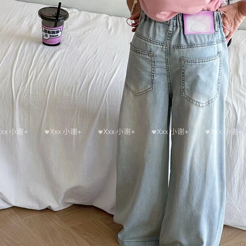 女童牛仔裤2024新款夏装女孩童装阔腿裤韩版休R闲百搭长裤洋气裤