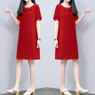 2021夏季新款女装时尚翻领大红色裙子休闲中长款宽松显瘦连衣裙女