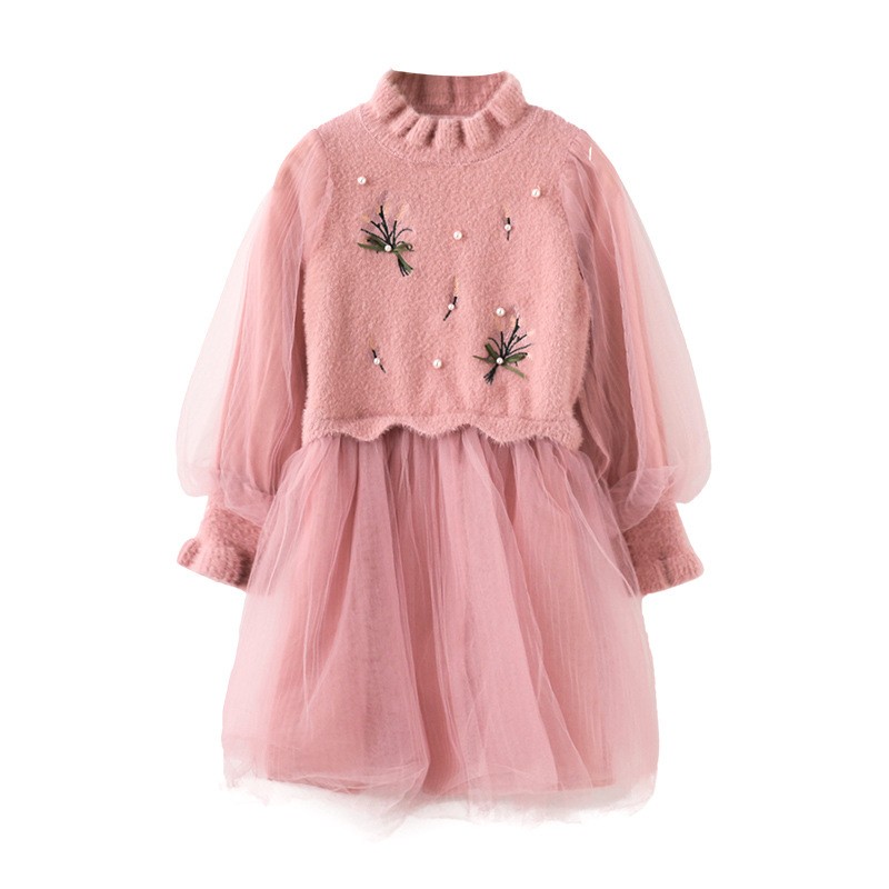 女童毛衣裙2021冬季加绒毛线裙子秋冬女孩冬裙R钉珠蓬连衣裙公主