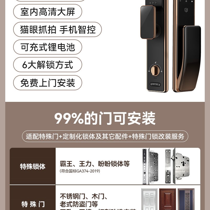 石将军指纹锁智能门锁家用防盗门全自动大门密码锁电子锁可视猫眼