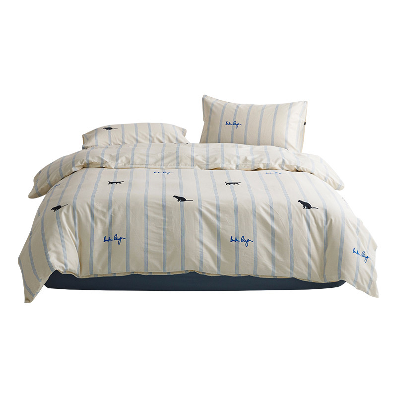 蓝色条纹猫咪全棉床上用品四件套简约学生宿舍床单被套三件套,床上用品,床品套件/四件套/多件套,淘宝优惠券,粉丝福利购,淘宝优惠卷