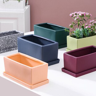 北欧简约风透气家用多肉创意个性文艺网红长方条形带托盘陶瓷花盆