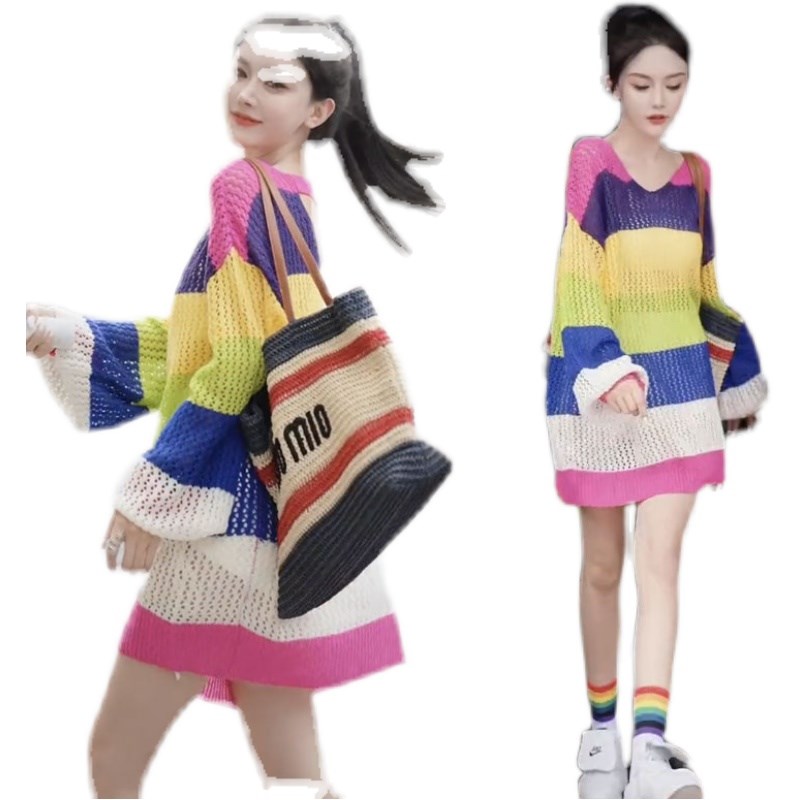 现货2024初秋新款韩版拼接条纹针织连衣裙女高级感宽松显瘦V领毛