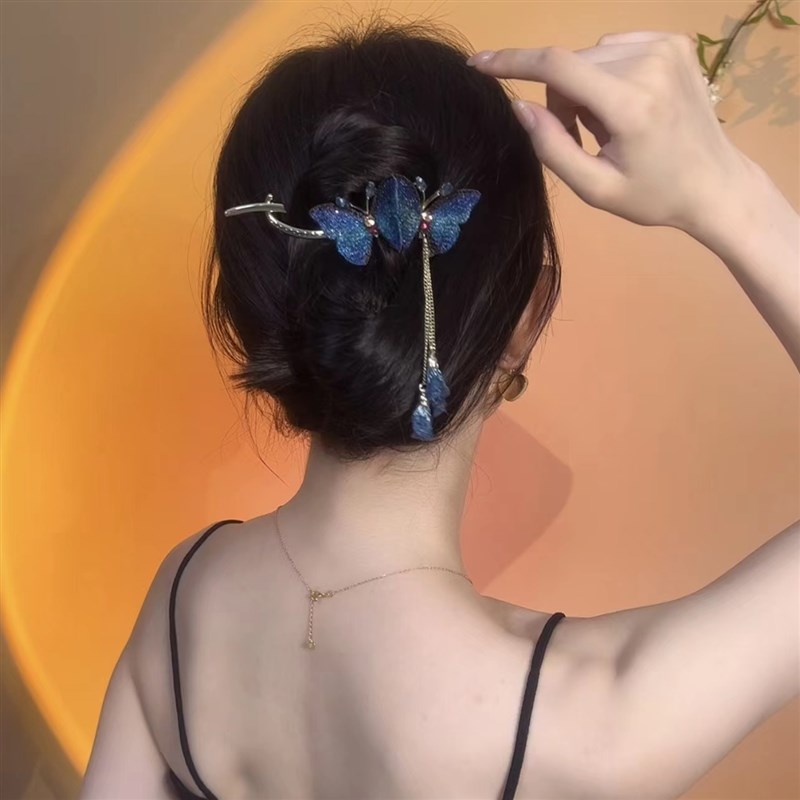 现货高级感刺绣流苏蝴o蝶一字夹盘发夹头饰后脑勺精致发卡女夏大
