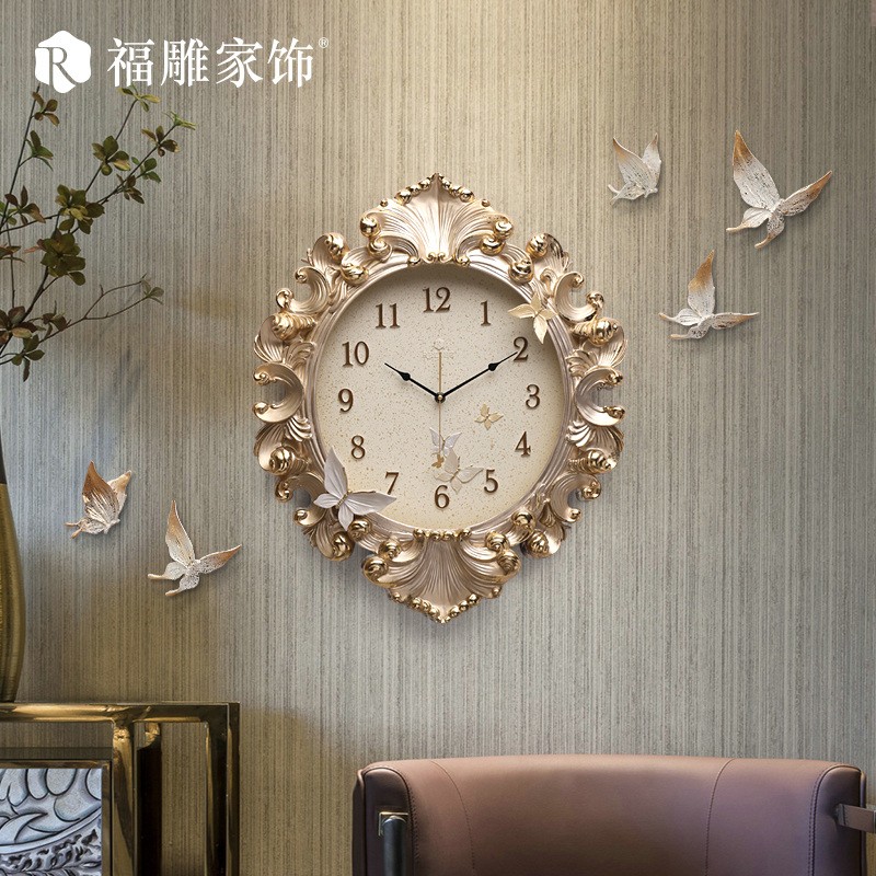 欧式挂钟客厅钟表福雕家饰创意现代简约家用复古轻U奢餐厅静音时