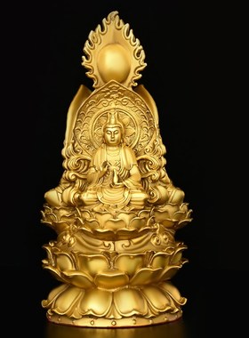 全铜三面圣佛摆件家用客厅供奉带背光佛像三尊佛三面佛释迦摩尼佛