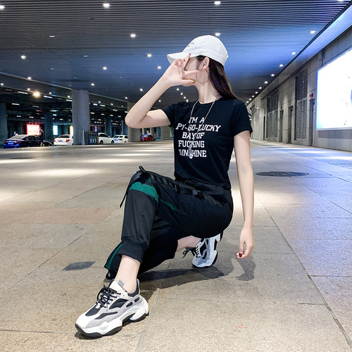 现货工装裤套装女潮流2020春夏季韩版bIf风时尚显瘦鬼步街舞休闲