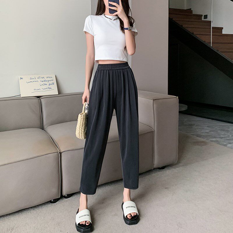 铜氨丝宽松老爹裤女夏季薄款高腰垂感小个子七八分休闲冰丝西装裤