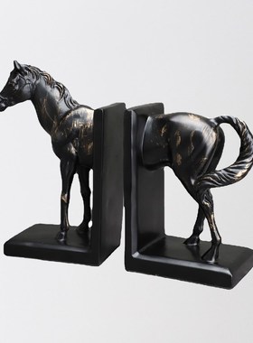现代新中式黑色马书挡样板间书房书架书桌动物书靠书档装饰品摆件