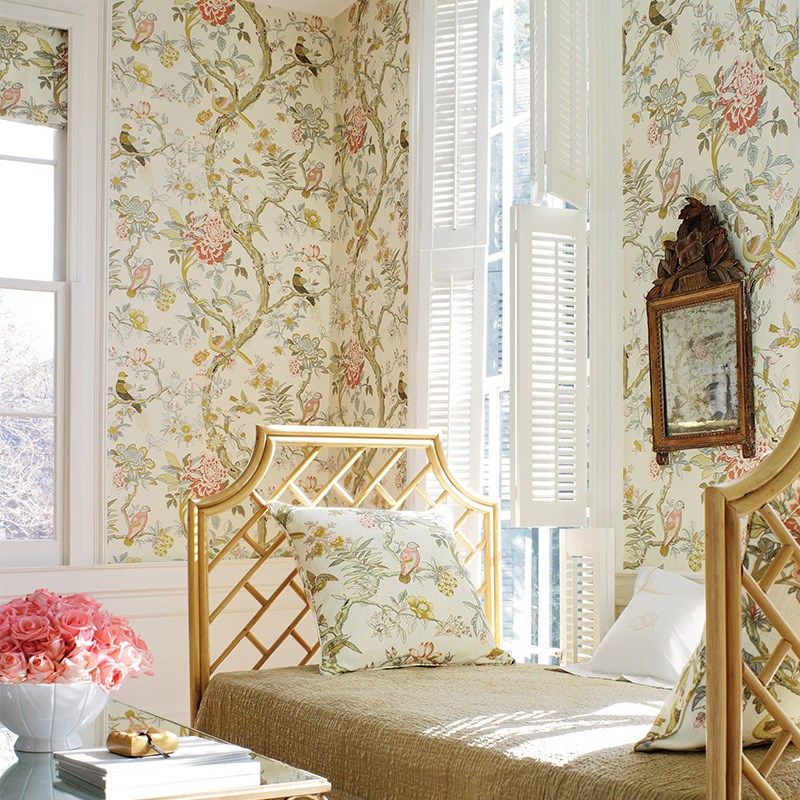 美式复古手绘壁纸花鸟藤蔓植物墙纸客厅卧室背景墙布全屋定制壁布